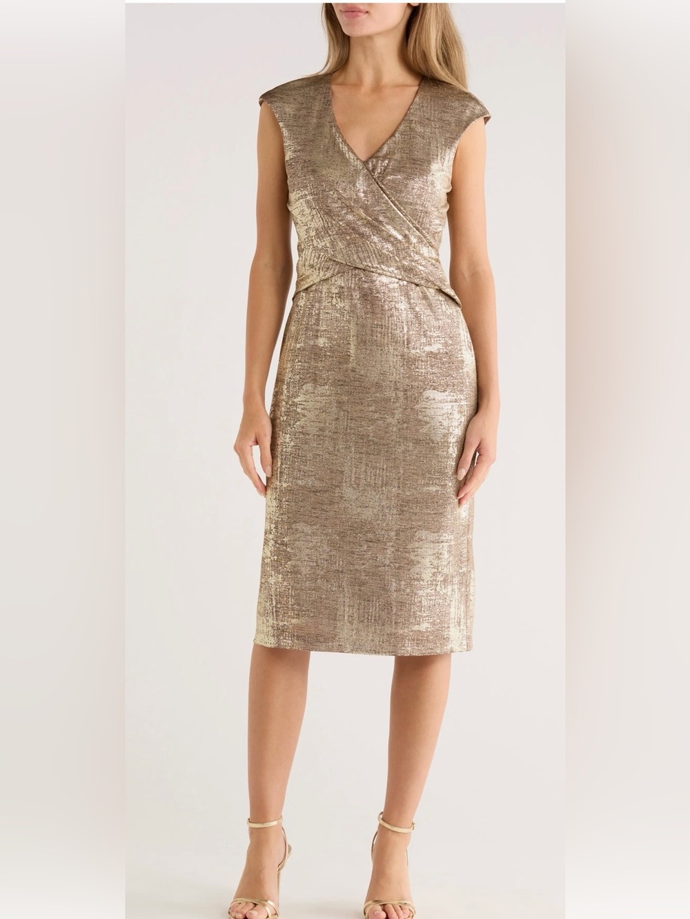Connected apparel Gold Metallic Wrap-Front Midi Dress